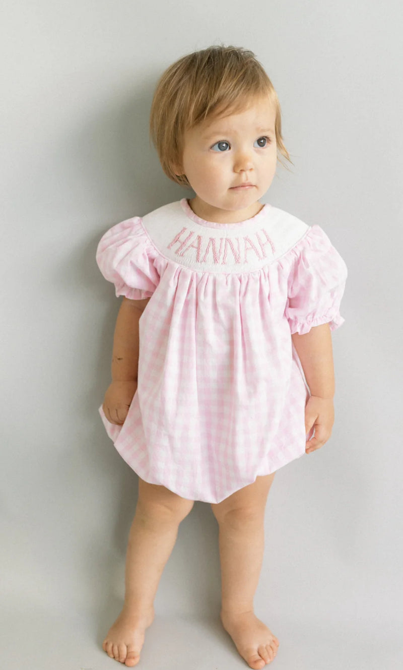 Custom Hand Smocked Name: Dress/Bubble/Diaper Set