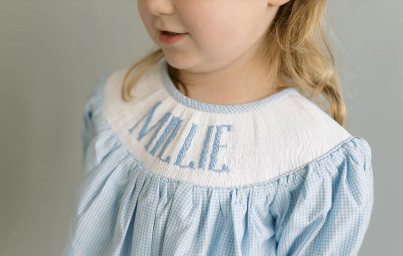 Custom Hand Smocked Name: Dress/Bubble/Diaper Set