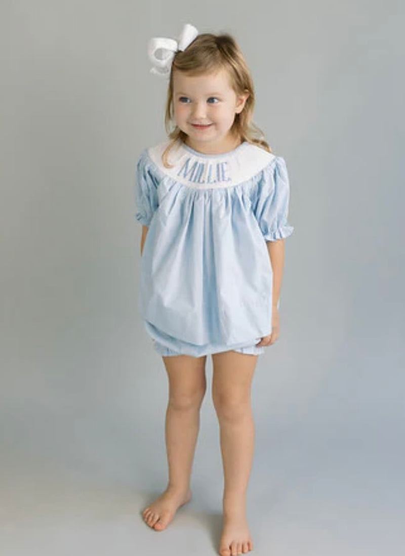 Custom Hand Smocked Name: Dress/Bubble/Diaper Set