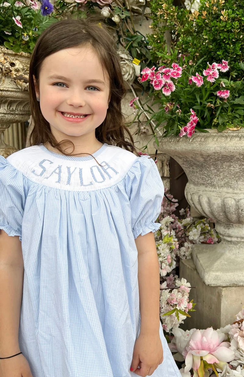 Custom Hand Smocked Name: Dress/Bubble/Diaper Set