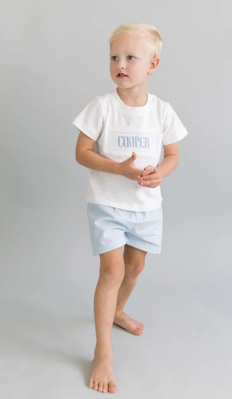 Custom Hand Smocked Name: Boy Diaper Set/Romper/Shorts Set