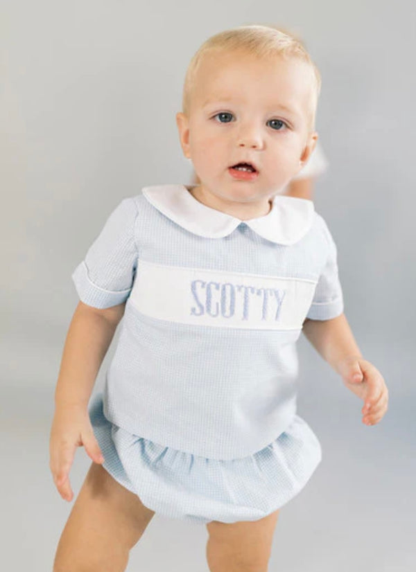 Custom Hand Smocked Name: Boy Diaper Set/Romper/Shorts Set