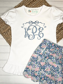 Blue Floral Scalloped Shorts Set