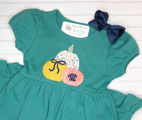 Teal Ruffled Dress with Pumpkin Trio