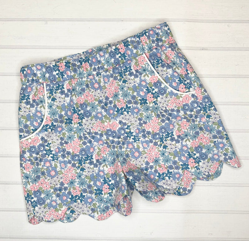 Blue Floral Scalloped Shorts Set